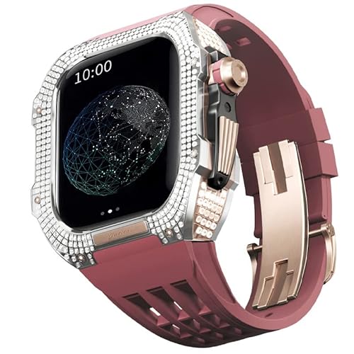 KANUZ Uhren-Modifikationsset, Luxus-Uhrenarmband-Set für Apple Watch 6, 5, 4 SE, 44 mm, luxuriöses Fluorkautschuk-Armband, Titangehäuse für iWatch 6/5/4/SE, 44 mm, Serie Upgrade-Modifikation (Farbe: