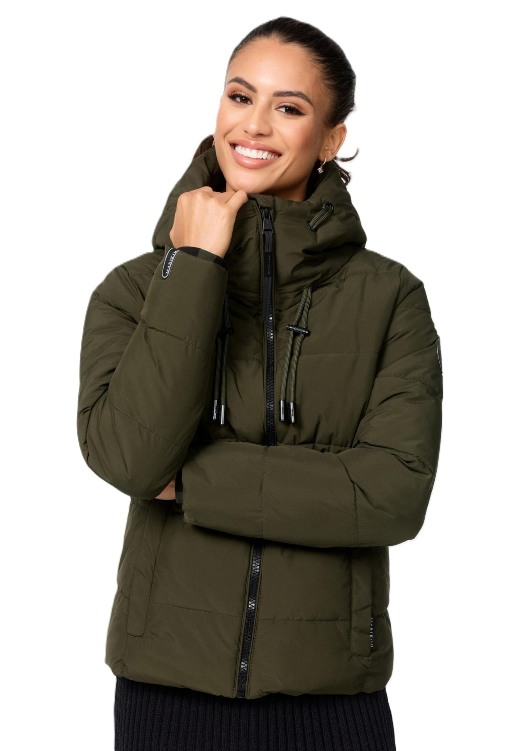 MARIKOO Damen Winterjacke Steppjacke Winter Jacke gesteppt warm mit Kapuze B977 [B977-Shimo-Dark-Olive-Gr.L]