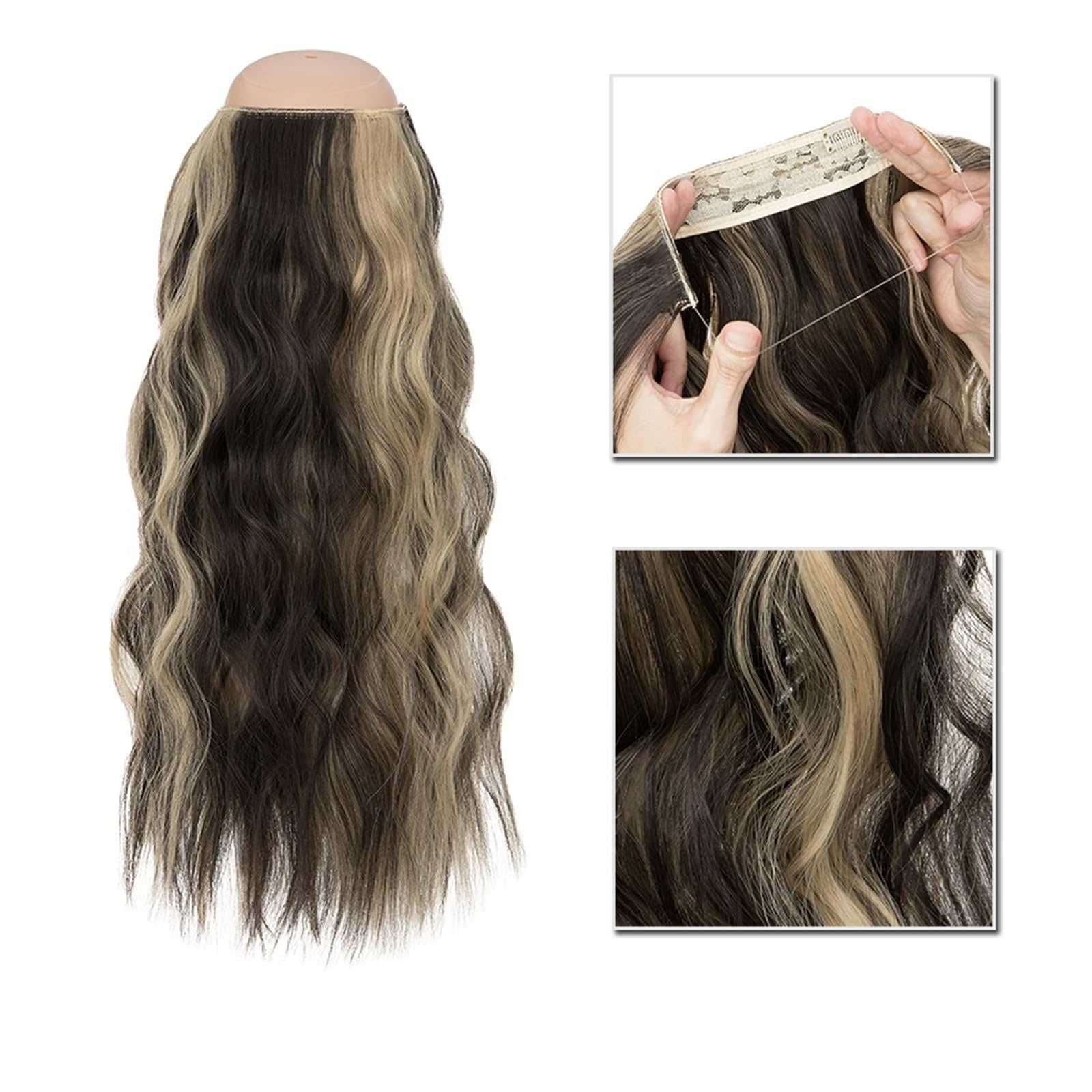 Clip-in-Haarverlängerungen Synthetische Haarverlängerungen, 50,8–61 cm, unsichtbarer Draht, künstliche Haarverlängerungen, 4 Clip, gefälschtes, falsches, langes, gewelltes Haarteil, blond, for Damen C