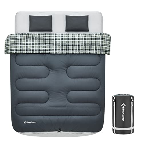 KingCamp 3-in-1 Doppelschlafsack Winter Schlafsack 2 Personen mit 2 Kopfkissen Warmer Deckenschlafsack Tragbar Leicht Flanell-Innenfutter 3-4 Jahreszeiten für Camping Wandern Zuhause Grau