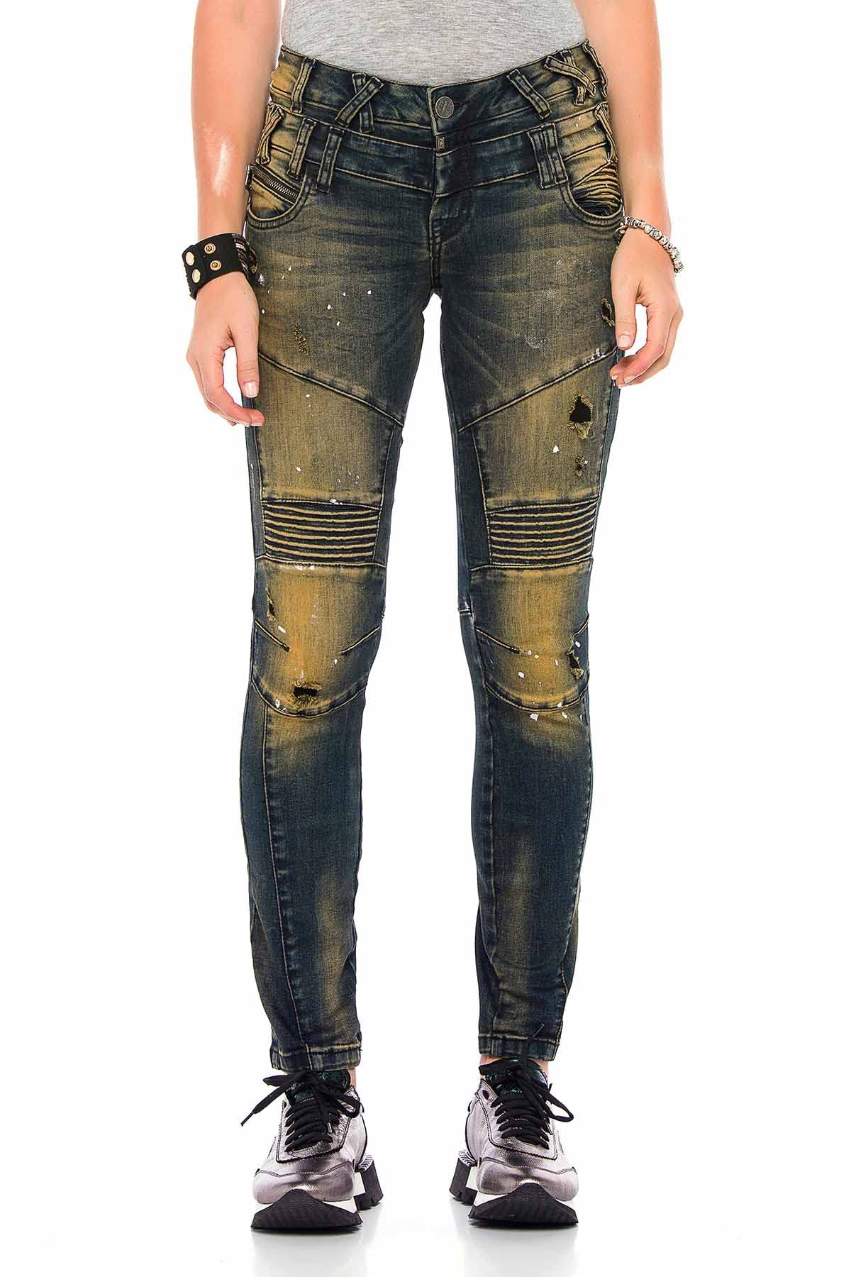 Cipo & Baxx Damen Jeans Hose Röhrenjeans Skinny Fit RIPP-Details Used Slimfit Denim Hose WD362 Khaki W29 L34