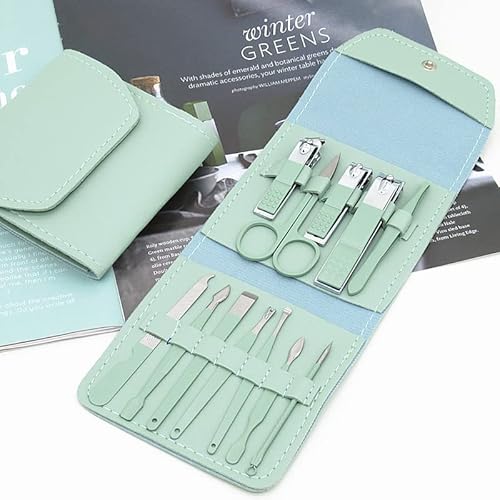 SCRUBY Maniküre-Set, Nagelknipser, Werkzeug, Haushalt, 12/16-teilig, grüner Edelstahl, Ohrlöffel, Nagelschneider, Scheren-Set für Maniküre-Werkzeuge (12 Stück, grün)