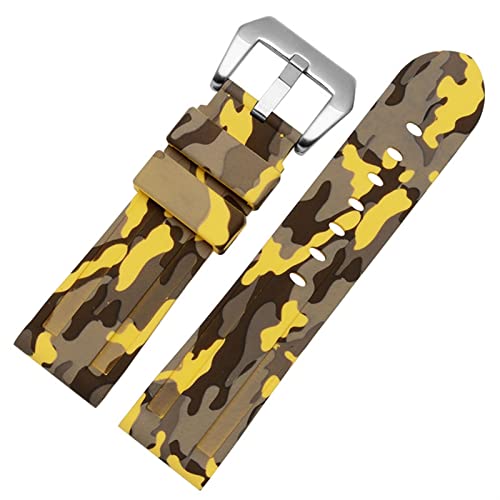 SCRUBY Silikon Uhrband für PAM111 386 441 Serie Armband Gurte 20mm 22 mm 24 mm 26 mm wasserdichtes Sport -Tarnarmband(Camo yellow silver,26mm)