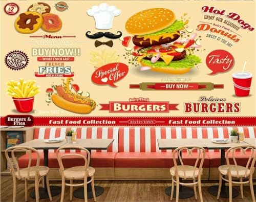 Hamburger Hot Dogs Pommes Frites Fast Food Restaurants Snack Bar 3D Tapete Poster Restaurant Schlafzimmer Wohnzimmer Sofa TV Dekorative Wand-300cm×210cm