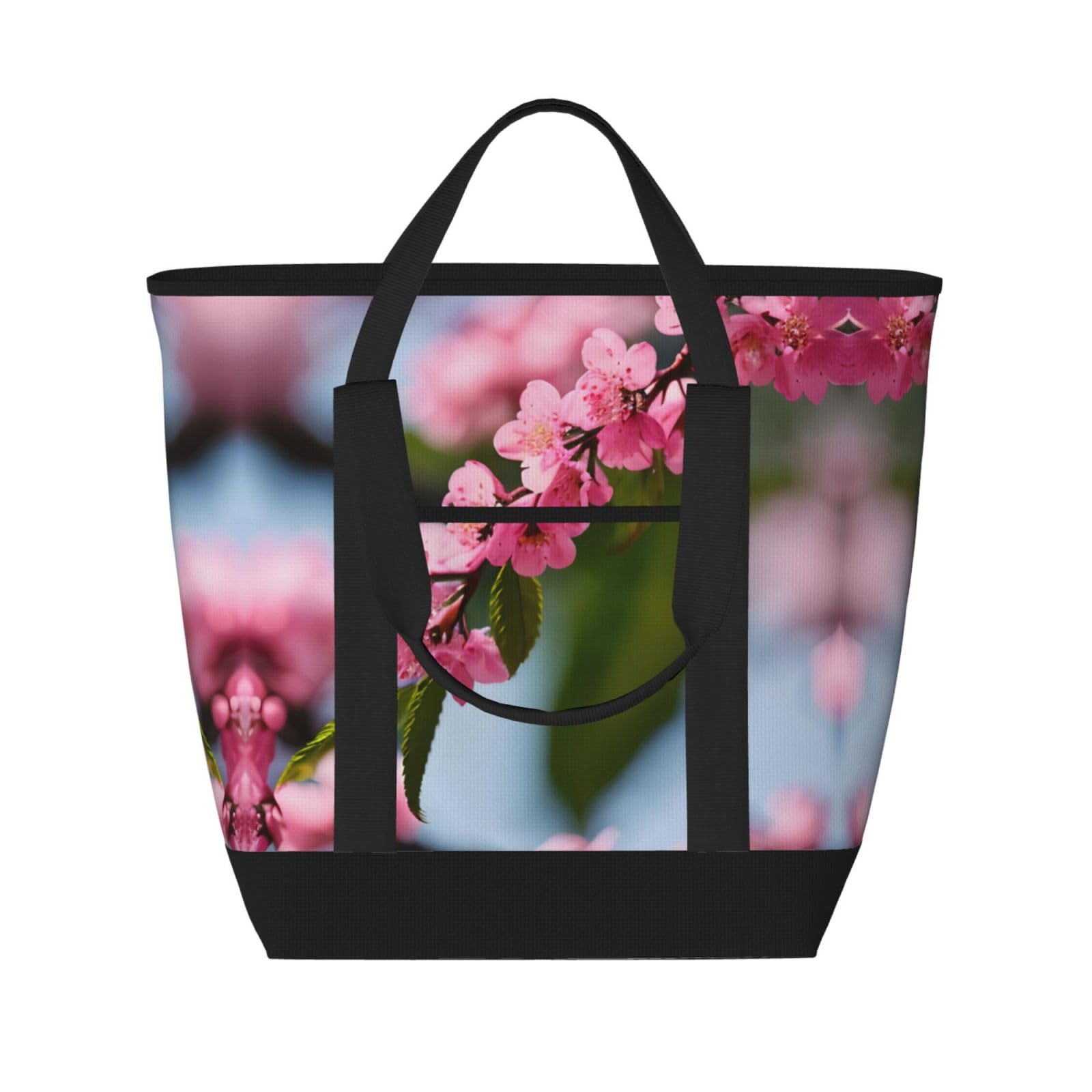 YQxwJL Isolierte Kühltasche mit Kirschblüten-Aufdruck, großes Fassungsvermögen, Einkaufstasche, Reisetasche, Strand, wiederverwendbare Einkaufstasche für Erwachsene, Schwarz, Einheitsgröße