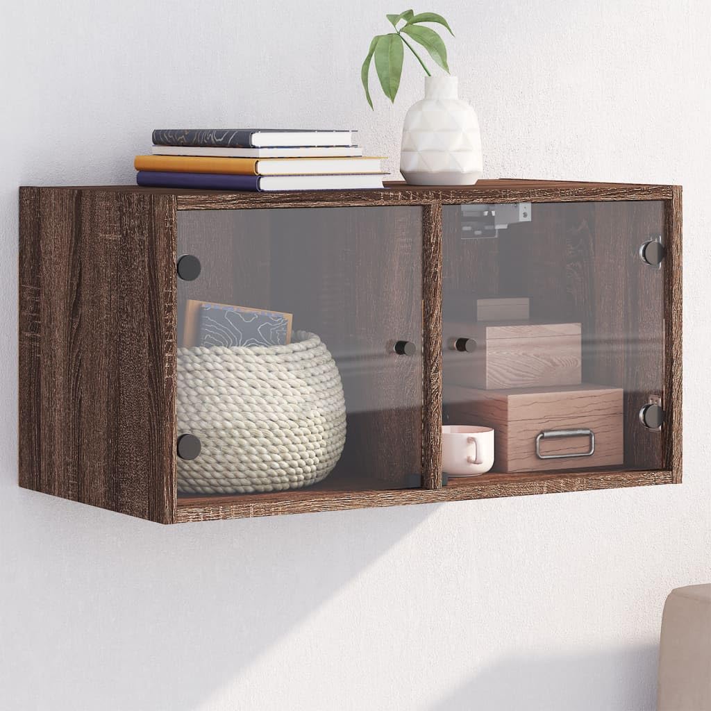 Wandschrank mit Glastüren Braun Eichen-Optik 68,5x37x35 cm,Eleganter Wandhängeschrank aus hochwertigem Holzwerkstoff mit praktischem Stauraum Aufbewahrungsschränke & Schließfächer