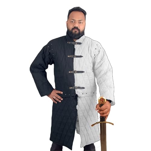 THE MEDIEVALS Dicke gepolsterte volle Ärmel Gambeson Mantel Aketon Jacke Rüstung, Baumwollgewebe, Schwarz und Weiß, XL