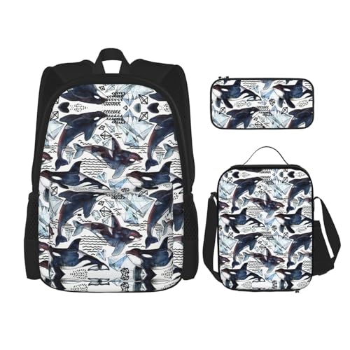 WURTON Schulrucksack-Set mit Killerwal-Aufdruck, 3-in-1-Büchertaschen-Set mit Lunchbox, Federmäppchen, Reise-Laptop-Tagesrucksäcke