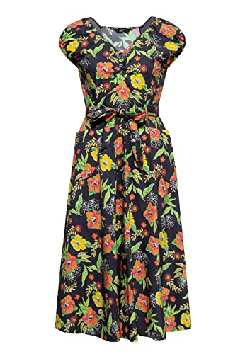 Queen Kerosin Damen Swing Kleid | Tropischer All-Over-Print | Sommerkleid | Hibiskus | 50S | 40S | 60S | Tropical | Vintage | Rockabilly | Rockabella Hibiskus Black