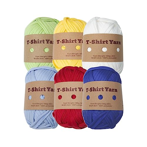 Mllepjdh Buntes T-Shirt-Garn, Strickgarn, Polyester-Stoffstreifen zum Weben und Nähen, Häkelprojekt (6er-Pack)