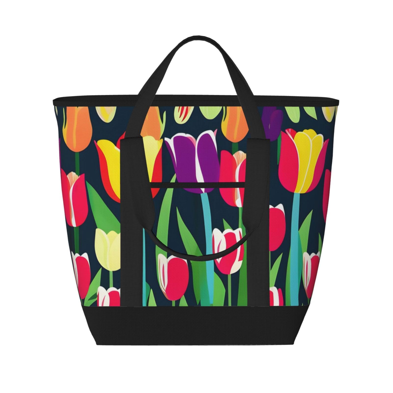 YQxwJL Isolierte Kühltasche mit buntem Tulpenmuster, große Kapazität, Einkaufstasche, Reisetasche, Strand, wiederverwendbare Einkaufstasche für Erwachsene, Schwarz, Einheitsgröße