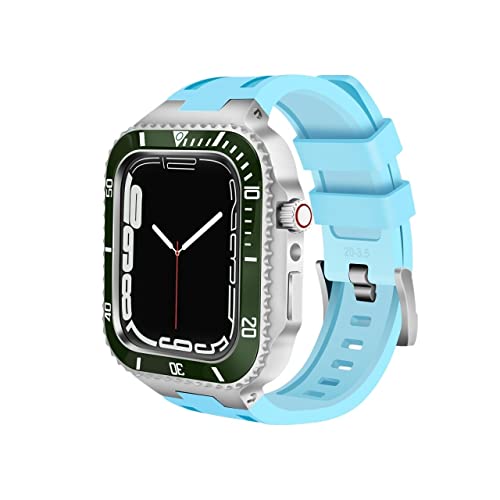 TONECY Mod-Kit für Apple Watch 8, 7, 6, 5, 4, 3 SE, Metalllünette und Gummi-Uhrenarmband, Edelstahlgehäuse für iWatch Serie Band 7, 45 mm, 44 mm, 42 mm (Farbe: Blau SGR, Größe: 44 mm)