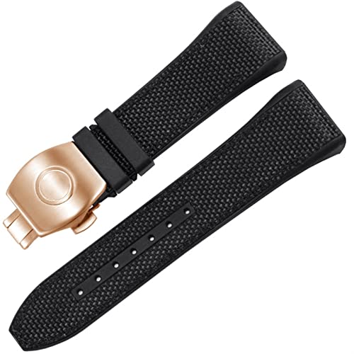 SCRUBY Für Franck Müller V45 Serie 28mm Nylon Echtes Leder Silicon Watchband Schwarz Blau Klappschnalle Uhrengurt(2 Black-rosegold)