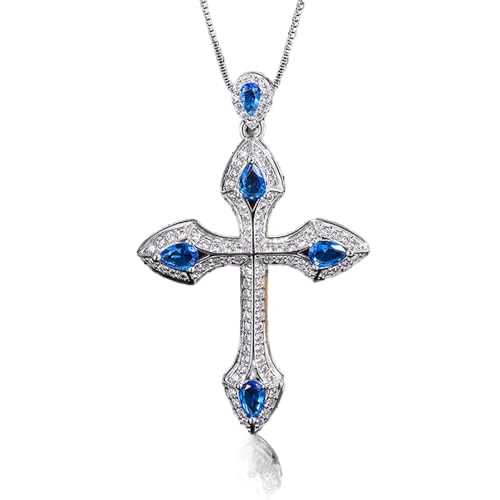 CLLBANT 5 * 7 mm Smaragd-Rubin-Saphir-Kreuz-Anhänger-Halsketten für Frauen, Edelstein-Schmuck, Damengeschenke (blau)