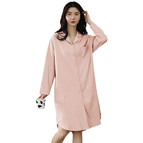 BANLUX Damen Nachthemd - Elegantes Damen-Pyjama-Nachthemd Langarm-Frühlings-Herbst-Baumwoll-Nachthemd Niedliche Homewear-Revers-Knopf-Hemd-Kleid-Schlafkleidung, Stil A, M