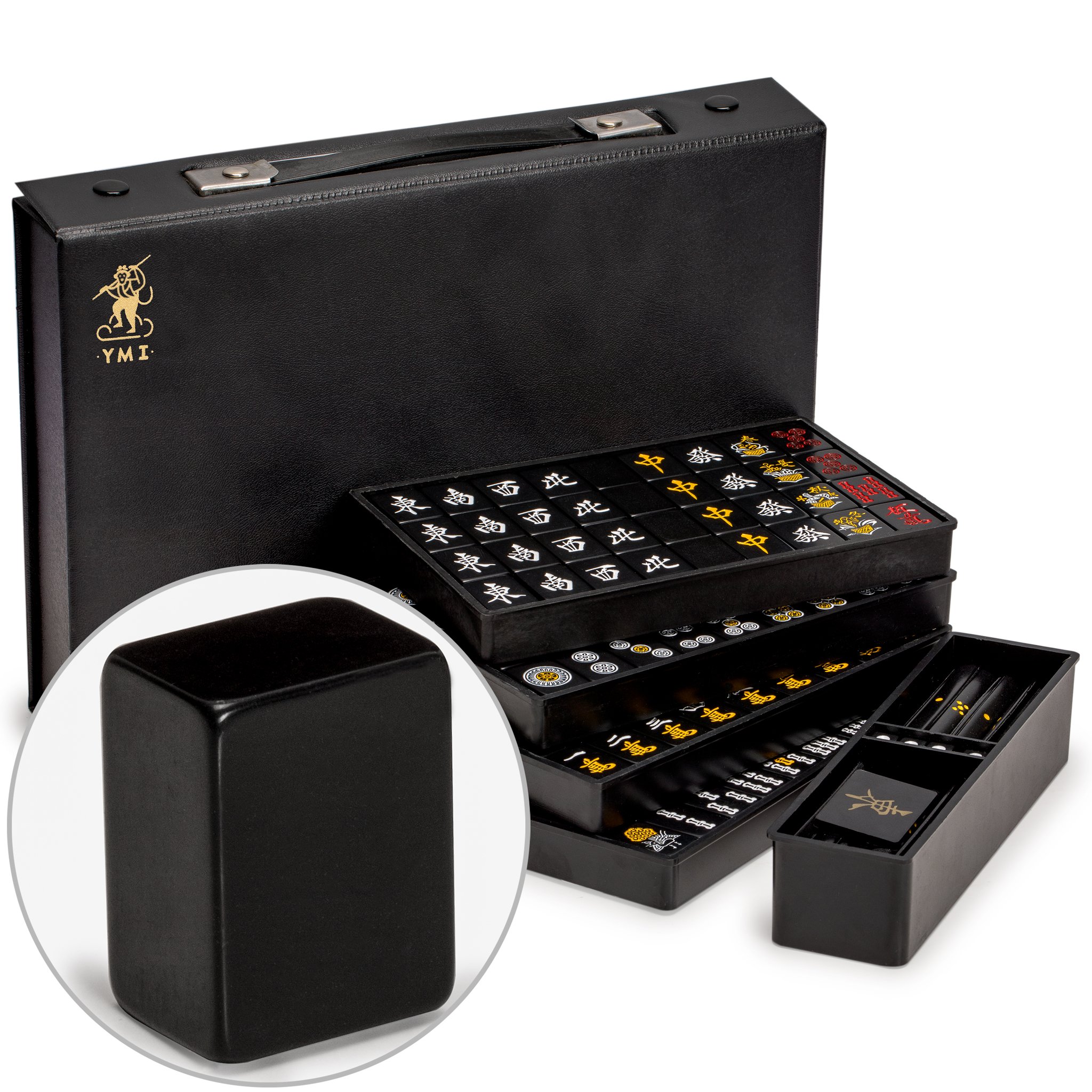 Yellow Mountain Imports Japanisches Riichi Mahjong Set - Schwarze Standardgröße Ziegel und Vinyl-Koffer - mit Ostwind-Ziegel, Set mit Wettstäben & Würfeln