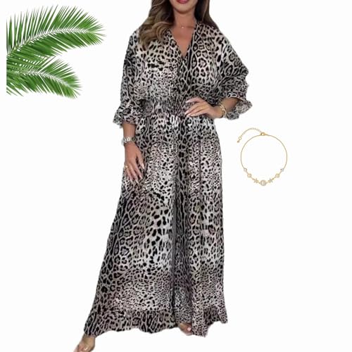 WINDEHAO Jumpsuit mit Leopardenmuster, weites Bein, Leopardenmuster, weites Bein, ausgestellter Jumpsuit mit Leopardenmuster, kurze Ärmel, Jumpsuits, weites Bein, weiß, 50