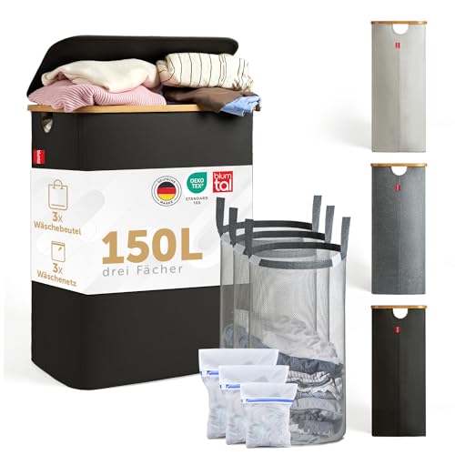 Blumtal® Wäschekorb 3 Fächer 150L - waschbarer und hygienischer Wäschesammler mit praktischem Wäschenetz - Wäschekorb mit Deckel & Bambusrand - Laundry Baskets - Wäsche Korb - Wäschekorb schwarz