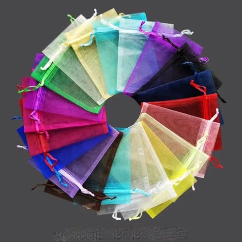 50 Stück Schokoladen-Geschenktüten aus transparentem Chiffon mit Kordelzug, Organza-Beutel, Weihnachten, Neujahr, Valentinstag, Party, Süßigkeitenbox – zufällige Mischung – 13 x 18 cm