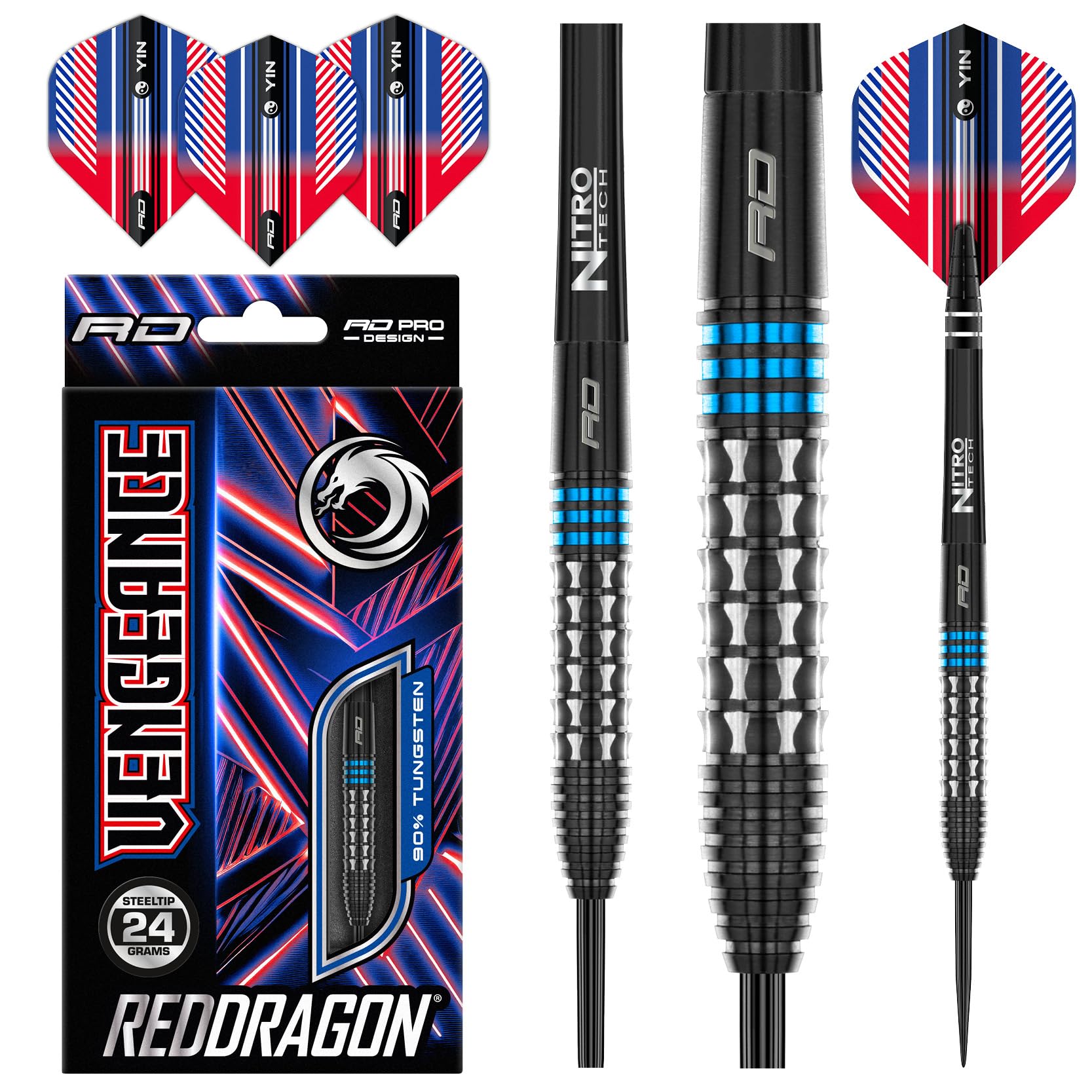 RED DRAGON Vengeance Blue 24 Gramm Premium Wolfram Steeltip Dart Set mit Flights und Schäften