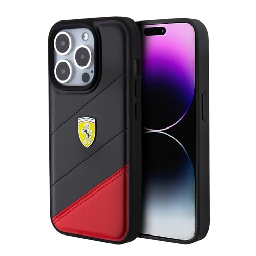 CG MOBILE Ferrari Handyhülle kompatibel mit iPhone 15 Pro, zweifarbig, Schwarz/Rot, genäht, PU-Leder, kratzfest, glatte Schutzhülle mit einfachem Schnappverschluss, Stoßdämpfung und Signatur-Logo