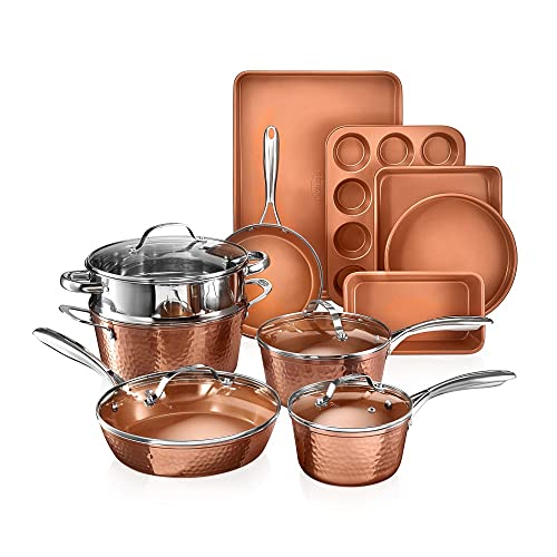 Gotham Steel Hammered Copper Collection — 15-teiliges Premium-Koch- und Backgeschirr-Set mit Antihaftbeschichtung, Aluminiumzusammensetzung — beinhaltet Bratpfannen