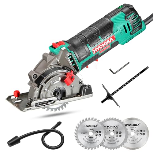 Mini Kreissäge, HYCHIKA Handkreissäge mit 3 Sägeblättern, Laserführung, Skalenlineal, 500W Motor aus reinem Kupfer, 4500RPM, Ideal für Holz-, Weichmetall-, Fliesen- und Kunststoffschnitte