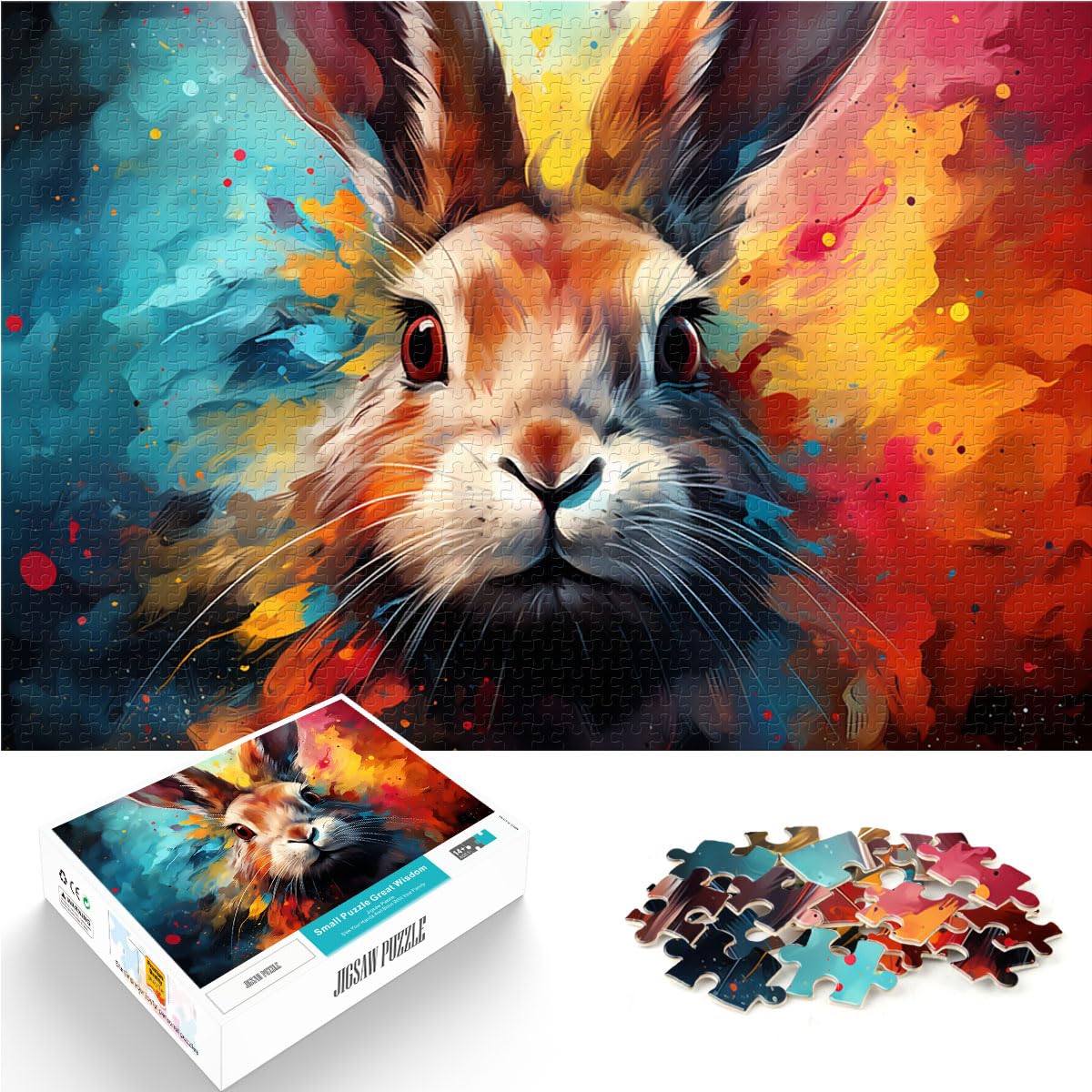 Puzzles für farbenfrohe psychedelische Kunst, weißes Kaninchen, 1000 große Teile, Puzzle für Erwachsene, Holzpuzzle, Denkspiel, 1000 Teile (50 x 75 cm)