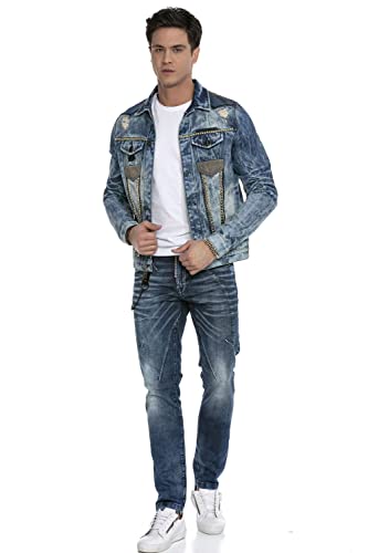 Cipo & Baxx Herren Jeansjacke Destroyed Nieten Denim Used Vintage Übergangsjacke CJ264 Blau XXL