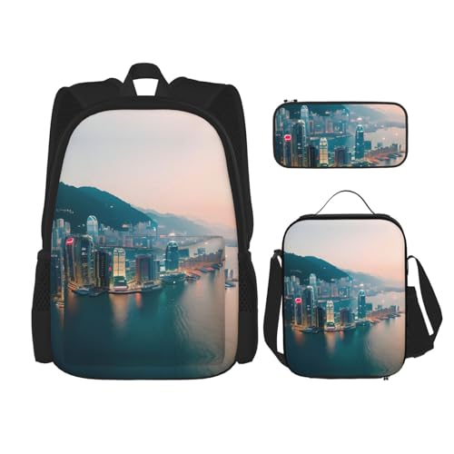 YQxwJL 3-in-1-Rucksack-Büchertaschen-Set, violetter Pfauenmuster, lässiger Reiserucksack, mit Federmäppchen, Lunchtasche, Hongkong, Einheitsgröße