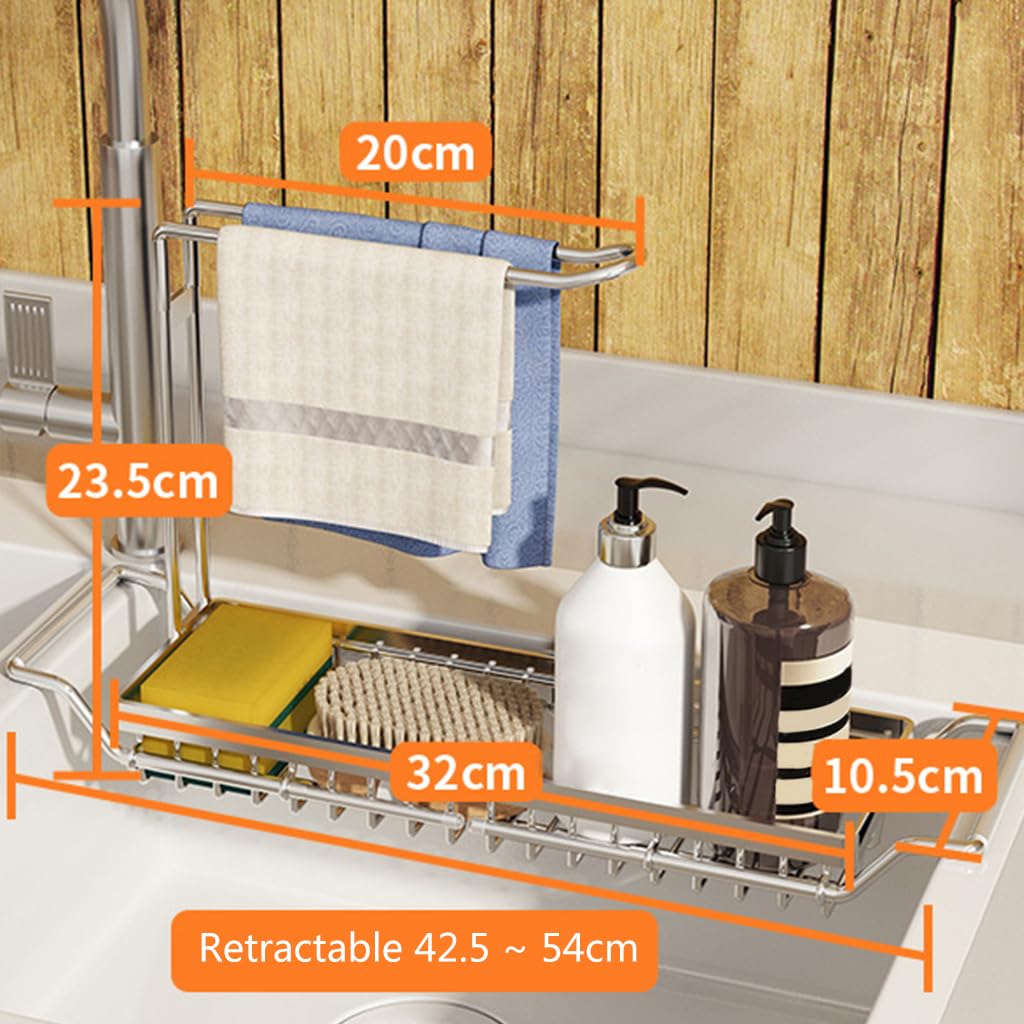 Teleskop Spülbecken Edelstahl Gestell Geschirrtrocknung Abflusskorb Schwamm Seife Handtuchhalter Küchenzubehör