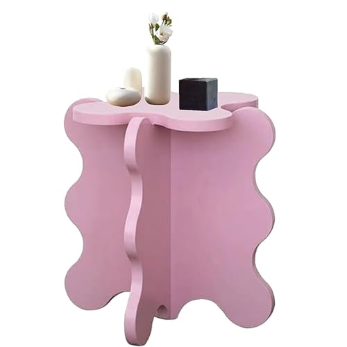 WuJin Mini Blütenblatt Couchtisch, Cartoon Massivholz Beistelltisch Wellenförmiger Nachttisch mit X-förmigen Beinen, Kleiner Farbiger Akzenttisch for Wohnzimmer Schlafzimmer(Pink)