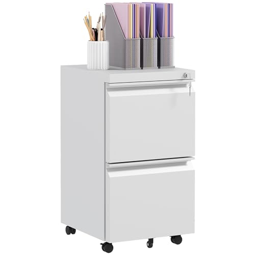 Vinsetto Rollcontainer Aktenschrank mit 2 Schubladen, Bürocontainer Abschließbar, Standcontainer, Büroschrank für A4-Format, Stahl, Weiß, 37 x 43,5 x 67,5 cm