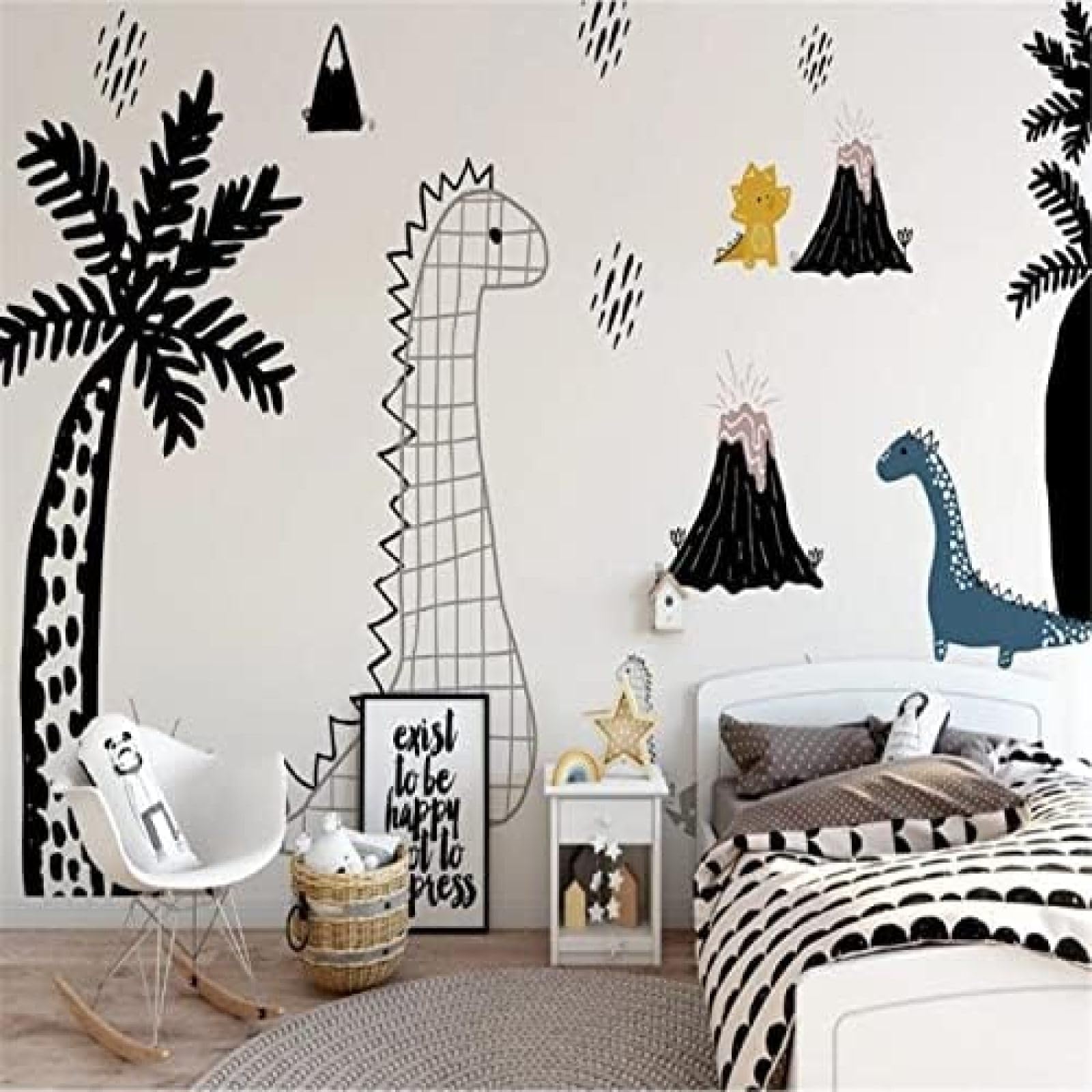 XLMING Minimalistische Hand Gezeichnet Schwarz Und Weiß Cartoon Dinosaurier Park 3D Tapete Wohnzimmer Sofa Schlafzimmer Esszimmer Home Dekoration Wand-400cm×280cm