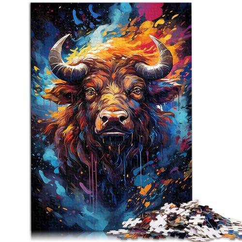 Puzzle für farbenfrohe psychedelische Büffel-Tuschemalerei, 1000-teiliges Puzzle für Erwachsene, Holzpuzzle, tolles Geschenk für | Spiele 1000 Stück (50 x 75 cm)