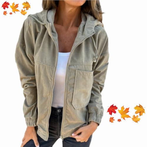 WINDEHAO Cordjacke mit Kordelzug und Tasche und Reißverschluss, 2024, Herbst, einfarbig, Freizeitjacke, Cord-Kapuzenjacke für Damen, Khaki, Größe L