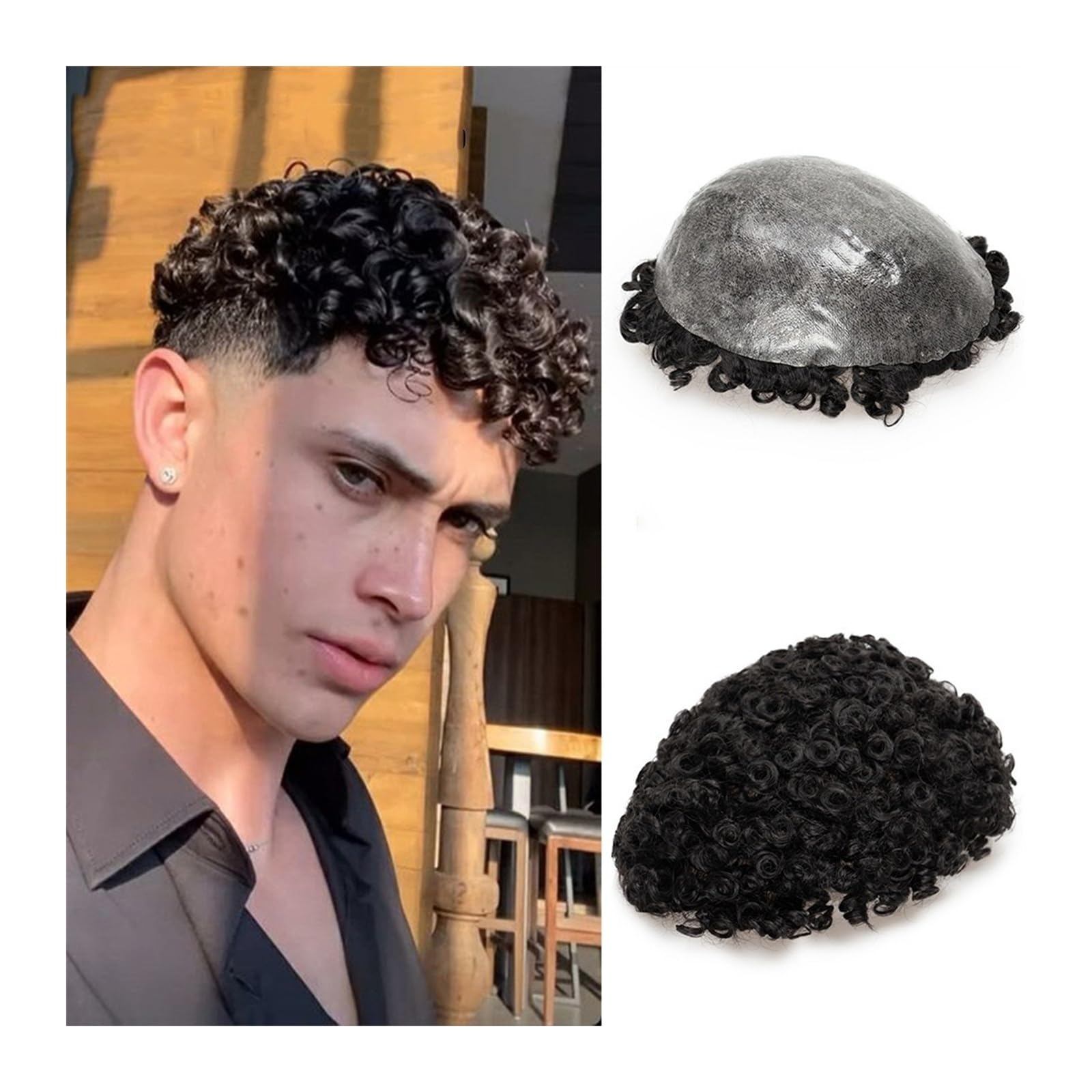 Männer Toupet Afro-Toupet for Männer, 0,12–0,14 mm Dicke, volle PU-Haut mit gewellter Vorderseite, Männer-Toupet, 15 mm Locken-Injektionsbasis, Haarteile, Echthaar-Systemeinheiten Perücken Toupet Haar