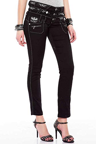 Cipo & Baxx Damen Jeans Hose Dreifachbund Slim-Fit Denim Jeanshose Pants Elasthan CBW-0313 Schwarz W26 L34