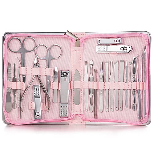 SCRUBY 11–26-teiliges professionelles Nagelknipser-Set, Maniküre-Set, Edelstahl, Nagelschneider, Schere, Nagelhautzange, Nagelwerkzeug-Set (26 Stück, Rosa)