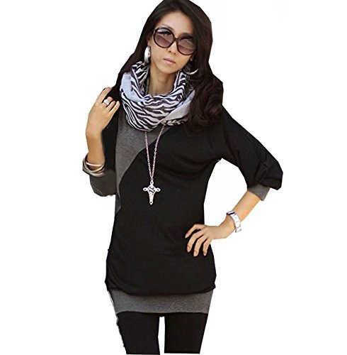 Mississhop Ester Japan Style Damen Bluse Longshirt Tunika mit ¾ ÄRMELN Schwarz-Dunkelmelange S