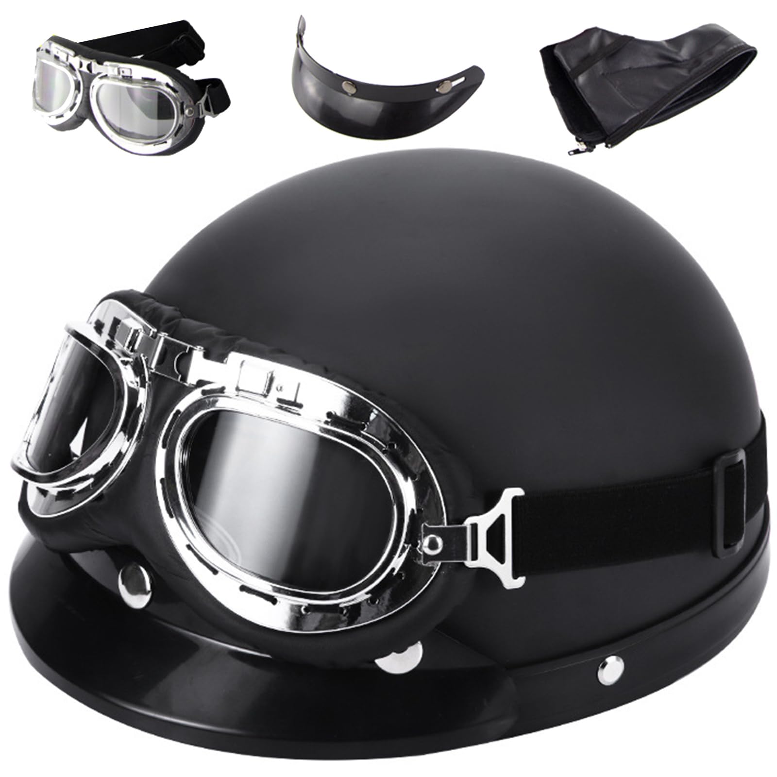 Motorradhelm Retro Leder Halbhelme Halbschale Jet-Helm Mit Fliegerbrille Motorrad Brain-Cap Halbschalenhelm Roller-Helm Mofa-Für Helm Herren Damen Mopedhelm Halber Jethelm ECE-Zertifiziert