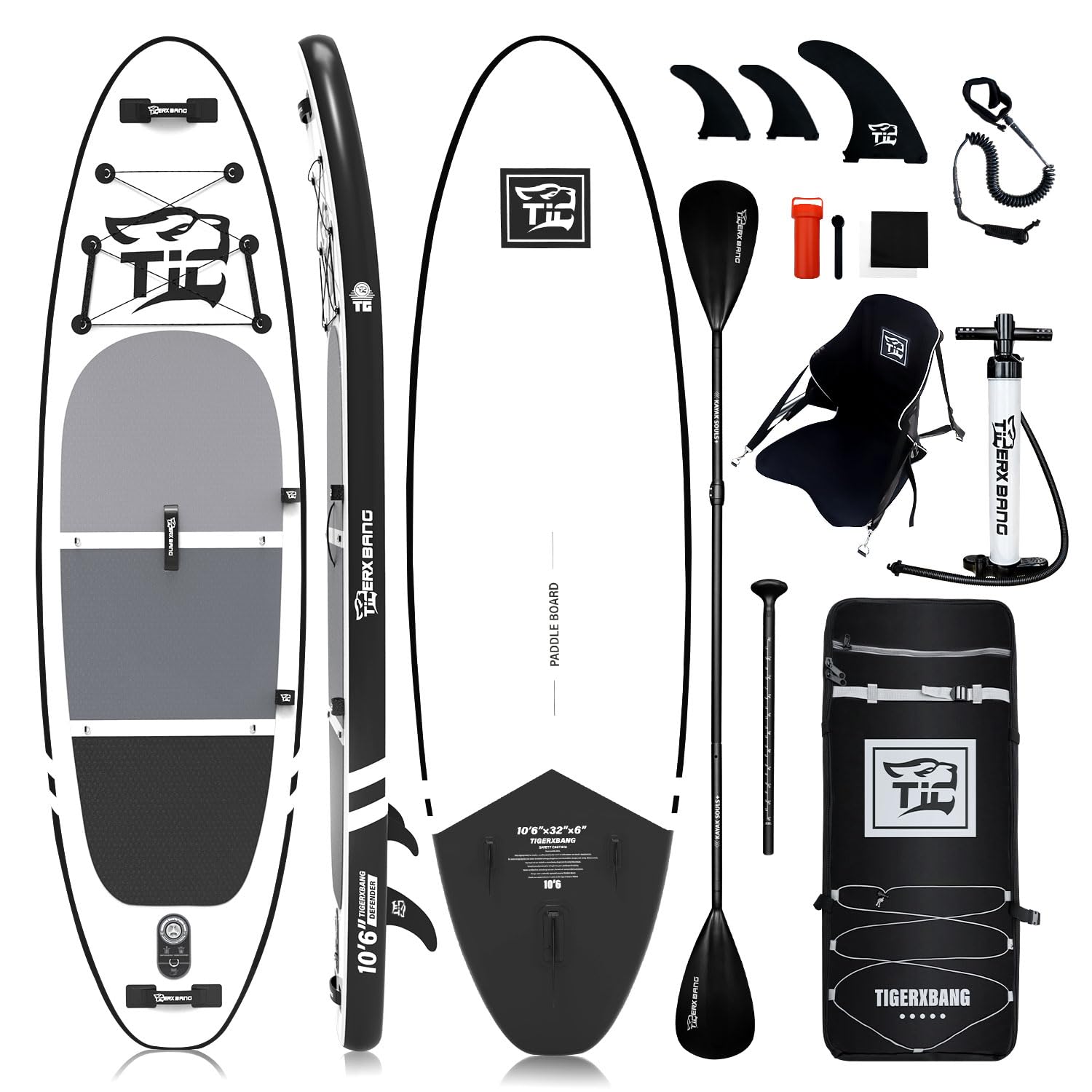 TIGERXBANG SUP Boards Stand Up Paddling Board 320x82x15cm, aufblasbare Paddle-Boards mit Doppelschläger-Paddel, Kajak-Sitz, Defender-Pro-Kollektion Schwarz