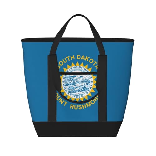 YQxwJL Isolierte Kühltasche mit South Dakota-Flaggen-Druck, großes Fassungsvermögen, Einkaufstasche, Reisetasche, Strand, wiederverwendbare Einkaufstasche für Erwachsene, Schwarz, Einheitsgröße