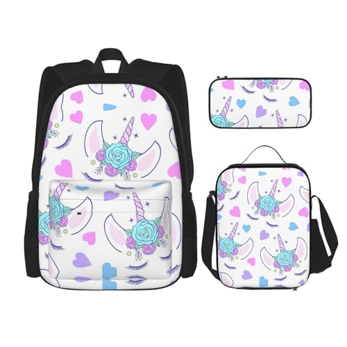 WURTON Head Print Schulrucksack 3 in 1 Büchertasche Set mit Lunchbox Federmäppchen Reise Laptop Daypacks