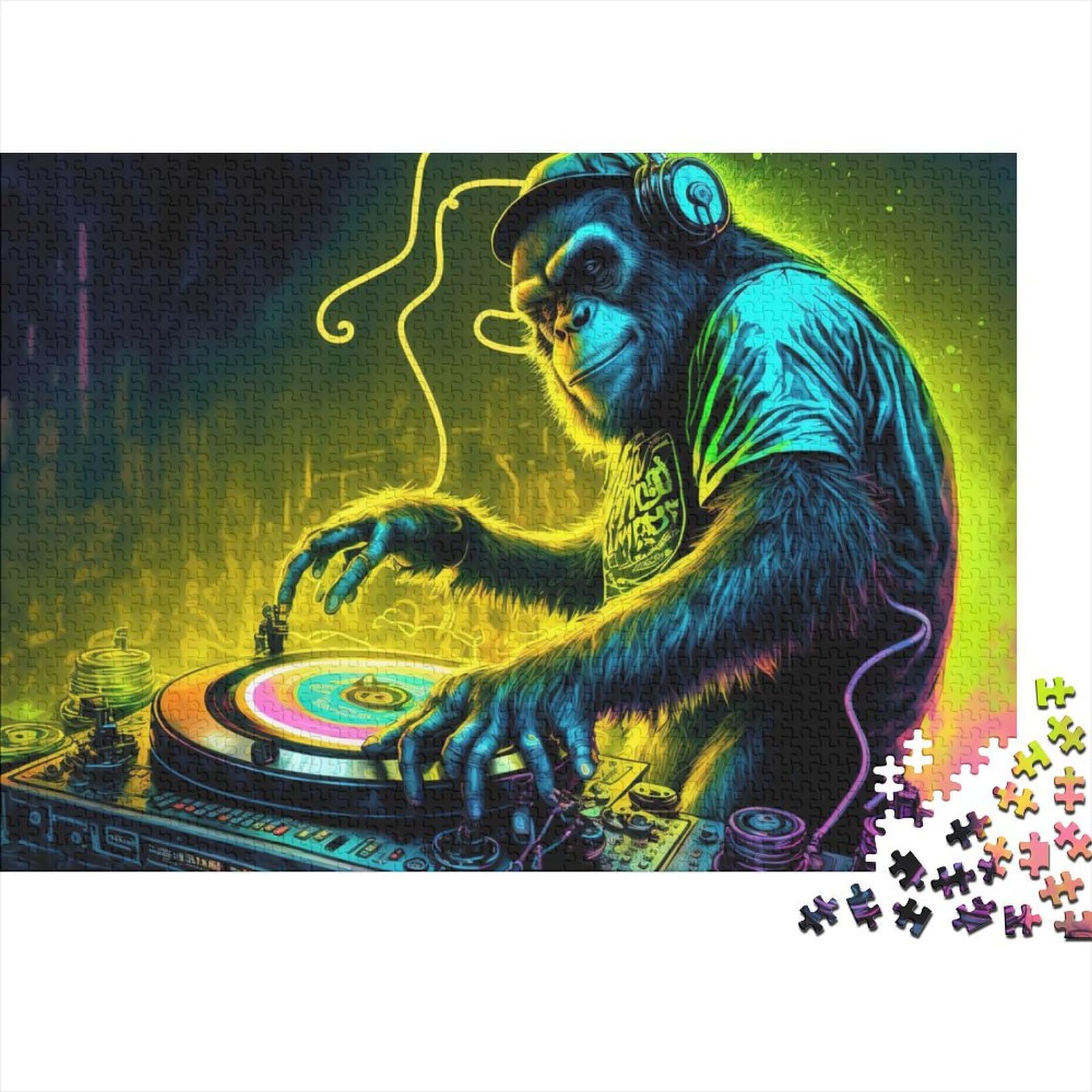 500 Teile für Erwachsene, schwierige Puzzles, Monkey Dj, Holzpuzzle für Erwachsene mit passendem Poster und Wissensblatt (Größe 52x38cm)