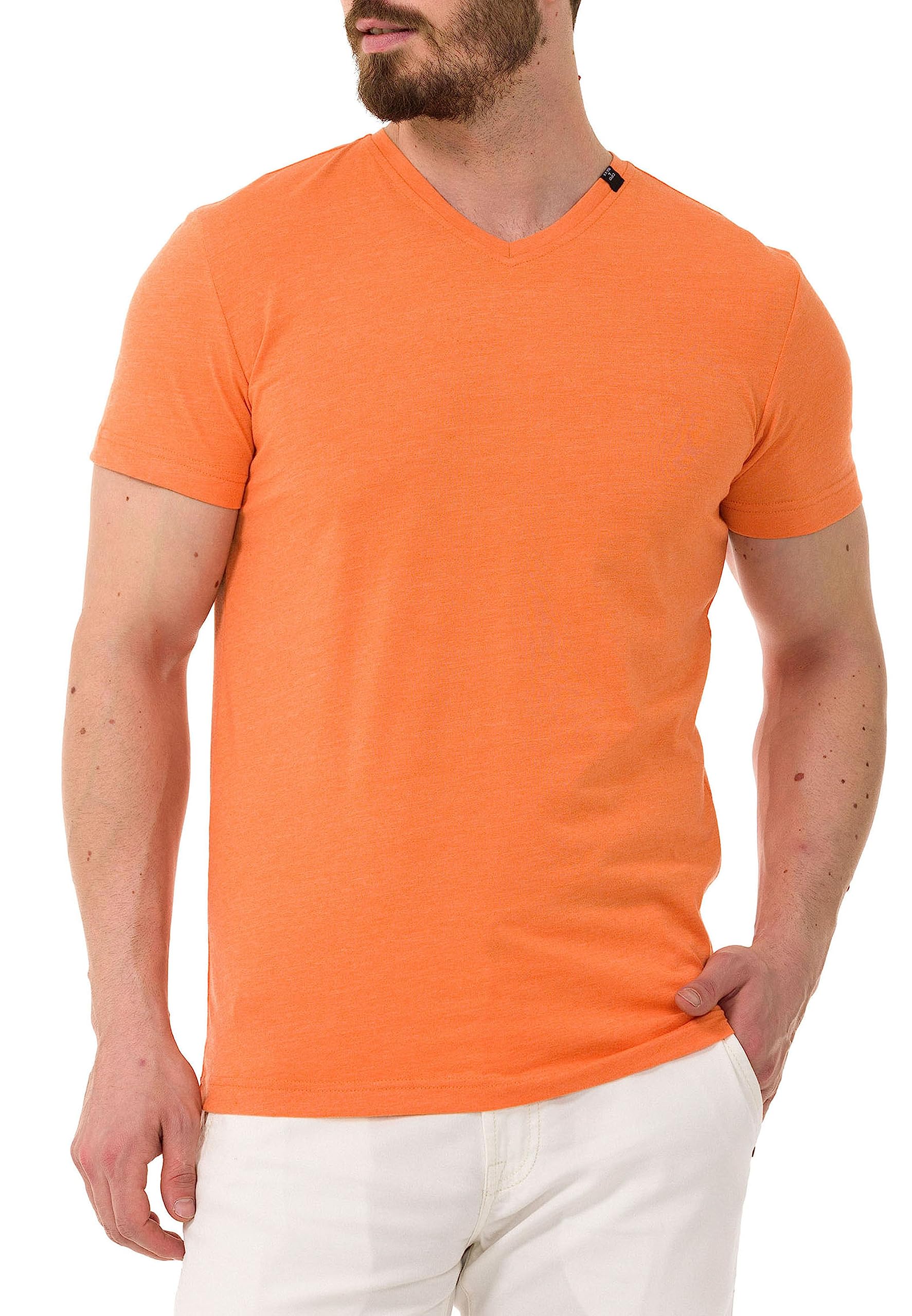 Cipo & Baxx Herren T-Shirt V-Neck Shirt Kurzarm Basic Baumwolle V-Ausschnitt CT773 Orange XXL