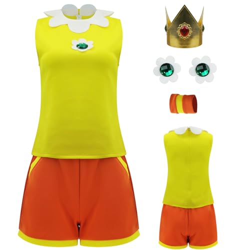 AYYOHON Prinzessin Gänseblümchen Cosplay Kostüm Damen Tennis Outfit Top Shorts Set mit Krone Erwachsene Sportanzug für Halloween XS