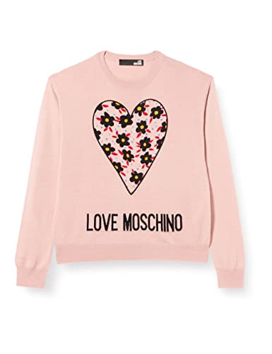 Love Moschino Womens with Heart 80' s Flowers Jacquard and Logo Intarsia Long Sleeve Round Neck Pullover, PINK, 40