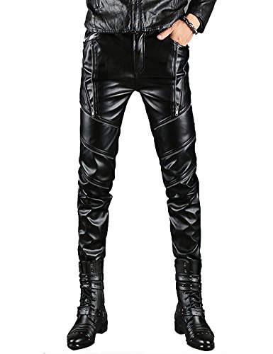 Idopy Bikerhose für Herren, aus weichem Kunstleder, schmale Passform, Schwarz Gr. 32, Y004