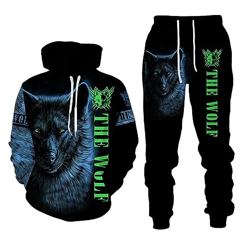 RIAAJ 3D wolf Druck Hoodie Herren Jogginganzug Unisex Sweatshirts Hoody + Hose Sets (A6,2XL)